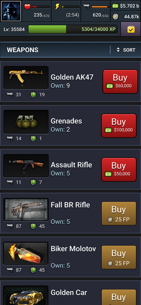 Mob Wars LCN: Underworld Mafia - Weapons shop screen in Mob Wars LCN showing Golden AK47 and tactical gear