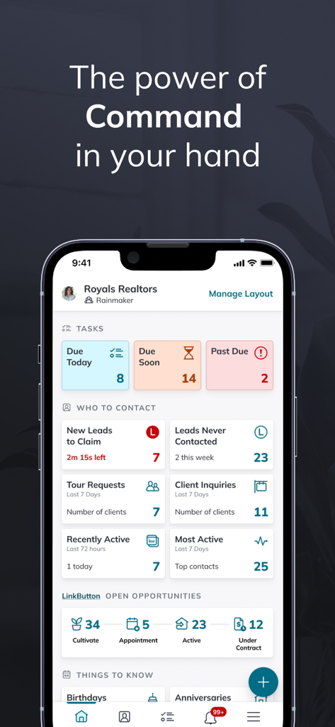 Mobile interface of the KW Command app for real estate agents showing business tasks and lead tracking.