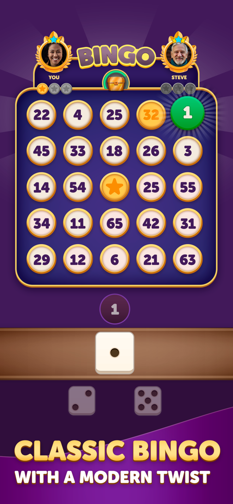 Bingo Dice mobile app interface showing a bingo board with dice and two player avatars.
