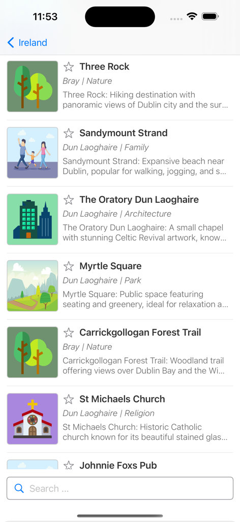 Turkey Travel Guide - トルコ旅行ガイドアプリの画面。カテゴリと説明付きの観光スポットのリストが表示されています。