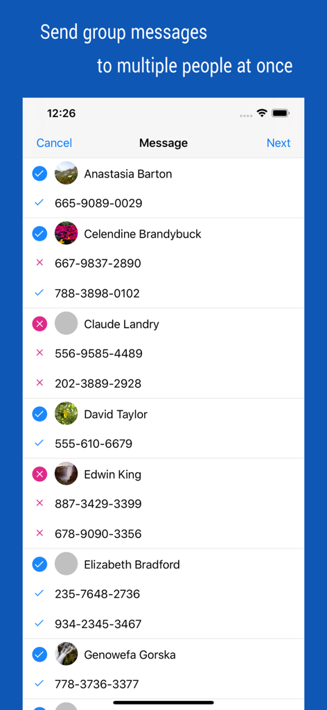 Screen showing multiple contact selection for sending group messages