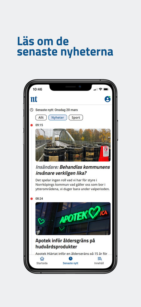 NT - The NT app interface on a smartphone displaying a feed of the latest local news in Swedish.
