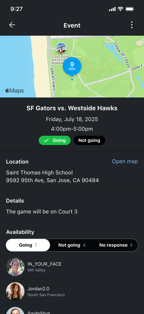 Hooper: Basketball - Basketball game event page with map and participant list in the Hooper app