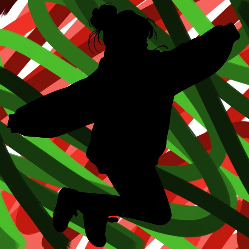 realistic girl jumping with a bun and oversized sweatshirt