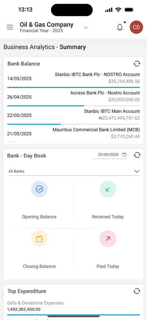 FINAS (Financial Accounting) - FINAS app business analytics summary showing bank balances and daily financial activity