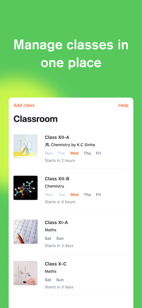 Wise app classroom dashboard showing a list of chemistry and math classes scheduled for the week