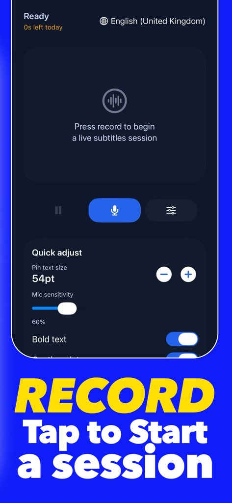 Live Transcribe Pro - Interface of the Live Transcribe Pro app showing the record button to start a session and quick adjust settings for text size and microphone sensitivity