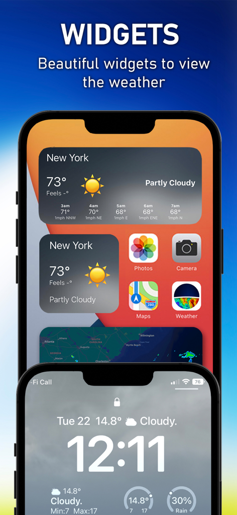 AIM Weather - AIM Weather app widgets on iPhone home and lock screens displaying temperature and sky conditions.