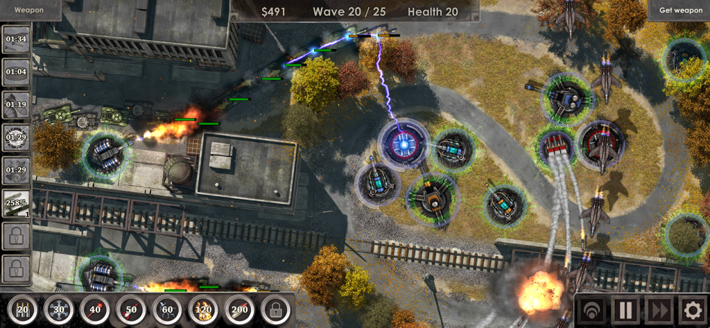 Defense Zone 3 Ultra HD - Top-down view of a tactical tower defense battle with realistic graphics and military turrets attacking tanks