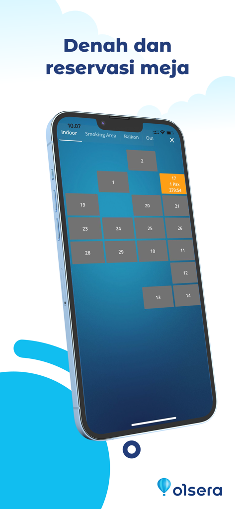 Olsera - Point Of Sale V2 - Olsera POS app showing restaurant floor plan and table reservation system on a smartphone screen