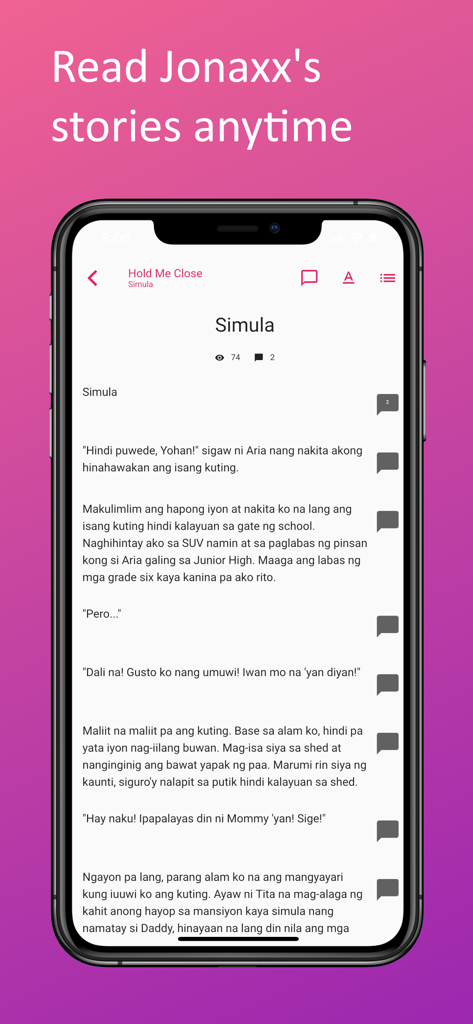 Jonaxx Stories - Smartphone screen showing the reading interface of the Jonaxx Stories app with a story in Tagalog