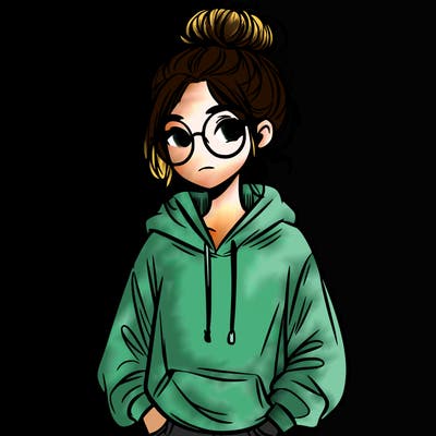 teen girl with a messy bun and glasses wearing a loose hoodie and jeans