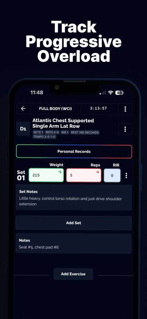 Tracked • Strength Training - Mobile interface of the Tracked app showing exercise logging and progressive overload tracking
