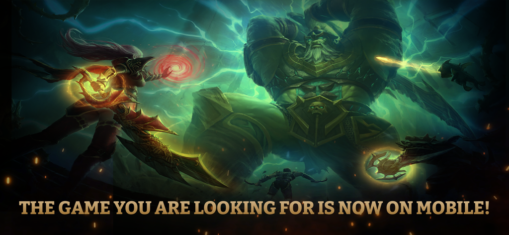 Une guerrière avec des épées lumineuses face à un géant massif dans une illustration du jeu mobile MMORPG Royale Online.