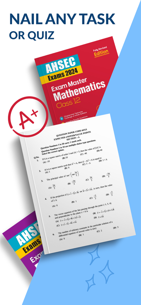Un examen de matemáticas y un libro de texto con un símbolo de calificación A plus