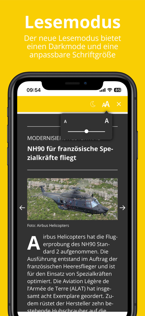Flug Kiosk - Flug Kiosk app reading mode interface showing dark mode and adjustable font size settings