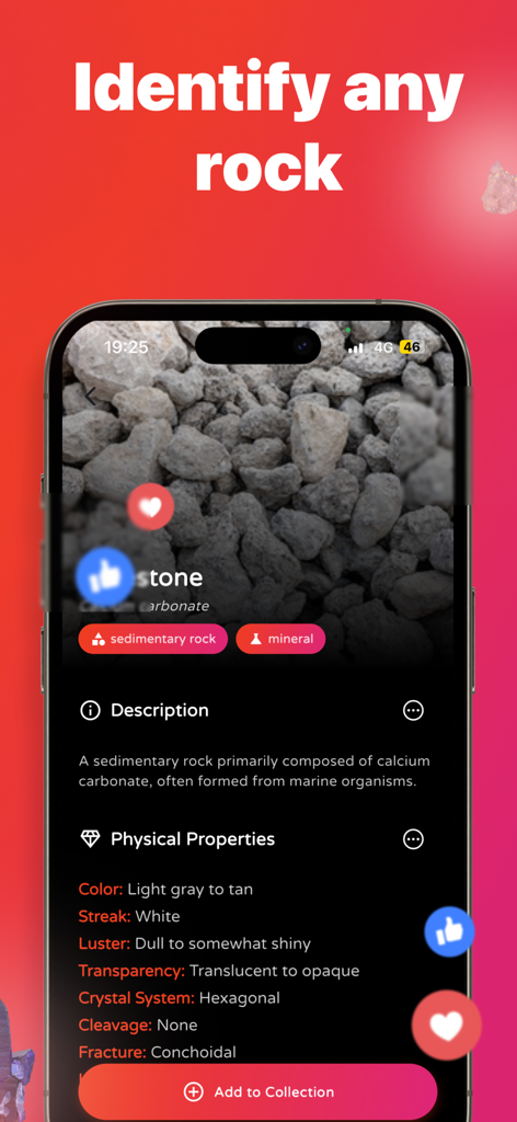 Rock Identifier: Stone ID AI - Rock Identifier app interface showing detailed geological properties and description for limestone
