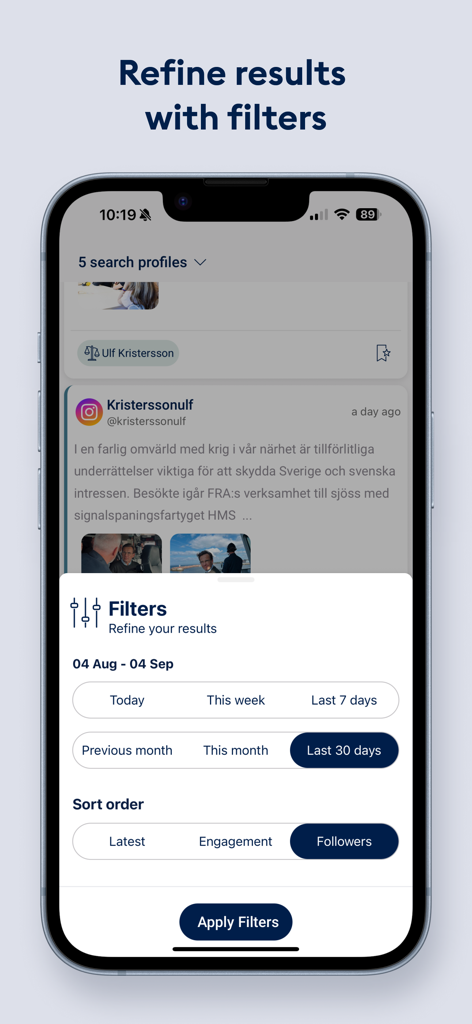 Retriever | Media Monitoring - A mobile screen showing filters in the Retriever app to refine media monitoring results by date range and sort order like engagement or followers.