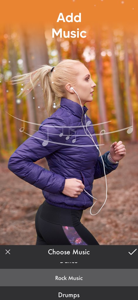 Photo Video Maker - With Song - Interface for choosing music tracks like rock or drums for a video slideshow in the Photo Video Maker app.