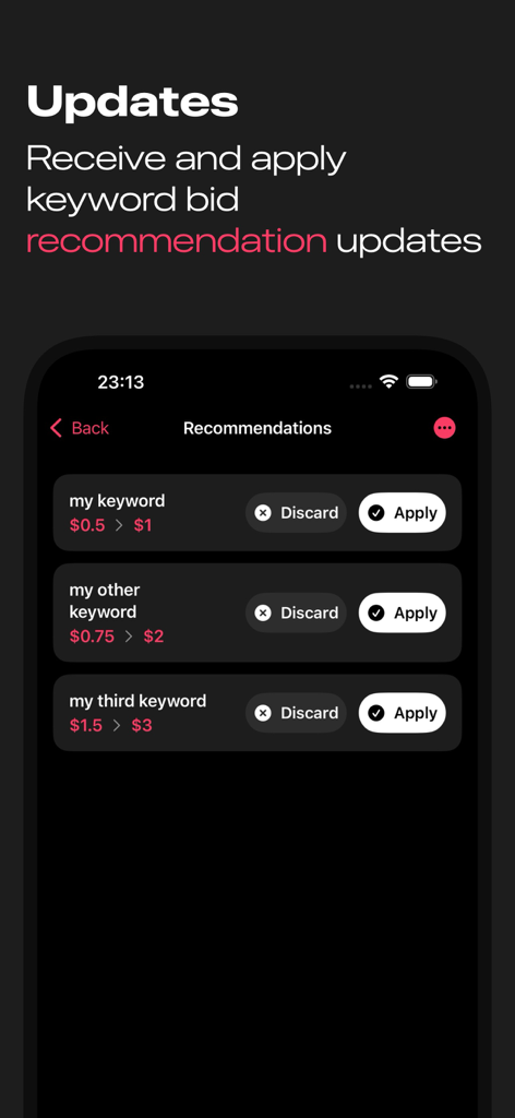 Rocket Ads - Rocket Ads app interface showing keyword bid recommendation updates with apply and discard buttons
