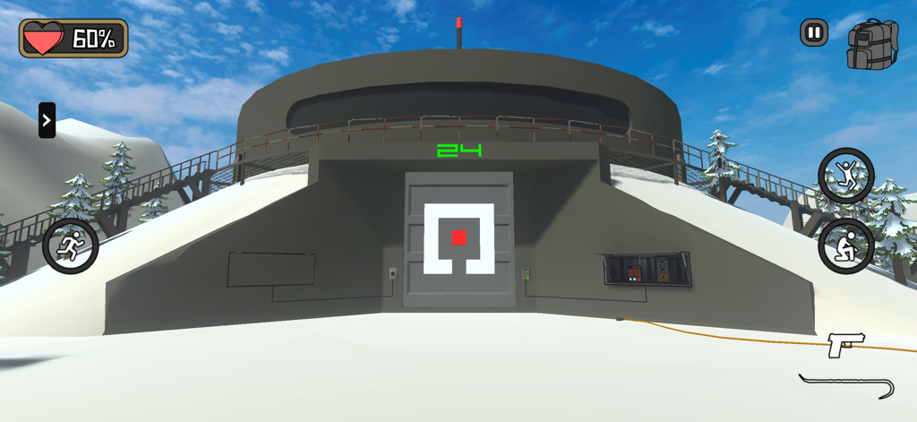 Bunker 24: Survival Story Game - A first-person perspective of the entrance to Bunker 24 in a snowy environment with a survival game interface