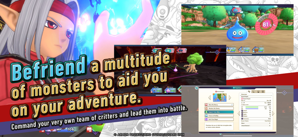 DQM: The Dark Prince - Collage di gameplay di Dragon Quest Monsters The Dark Prince che mostra Psaro e menu tattici di battaglia contro mostri
