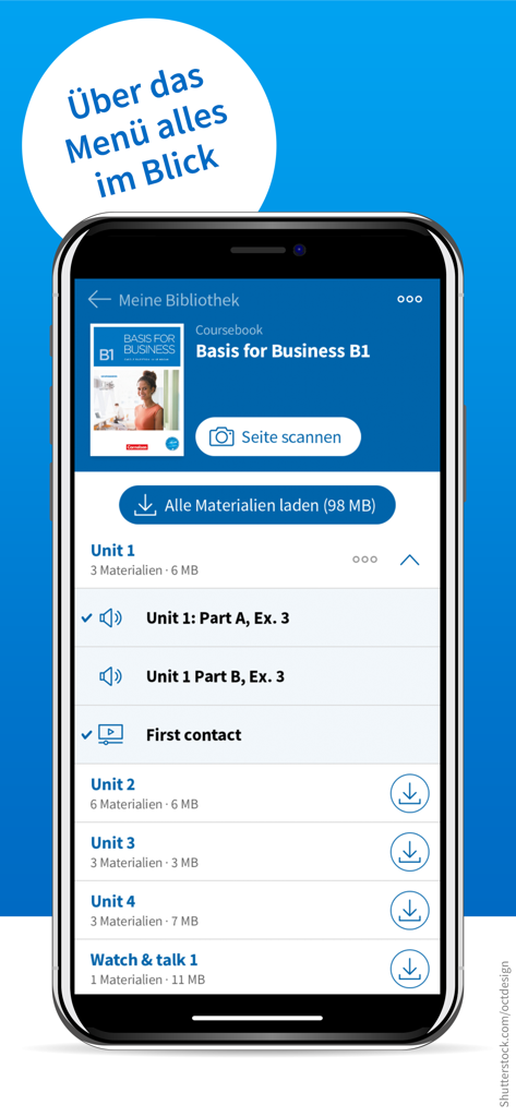 PagePlayer - Cornelsen - PagePlayer app library screen showing units and study materials for the Basis for Business B1 coursebook