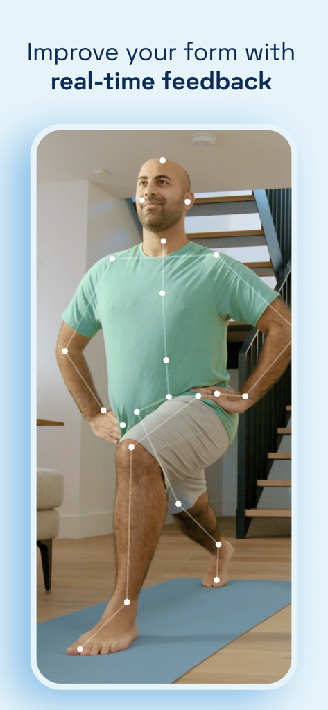 Kaia Health - A man performing a lunge with real-time pose tracking and form feedback in the Kaia Health app