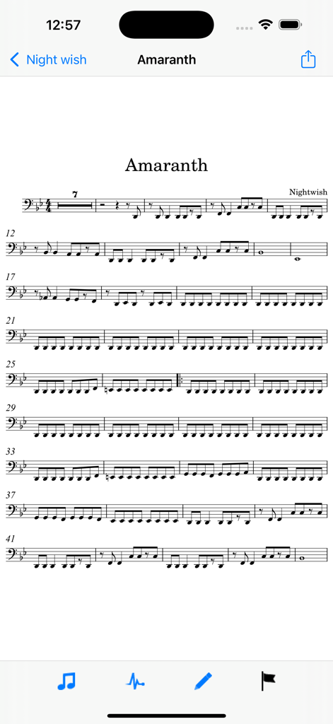 My Lyric Book - A digital musical score for Amaranth by Nightwish displayed in the My Lyric Book app interface