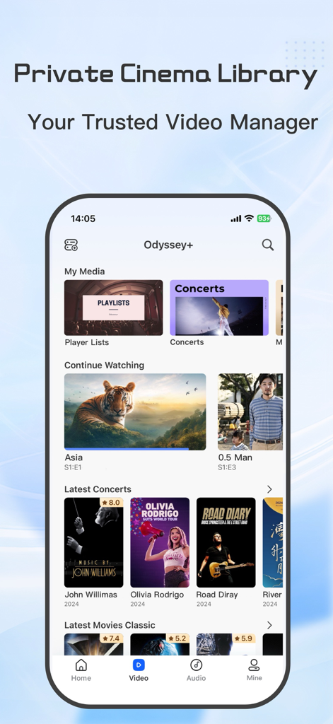 DS Cloud-Video Library&Player - DS Cloud app home screen displaying a curated media library with movie and concert categories