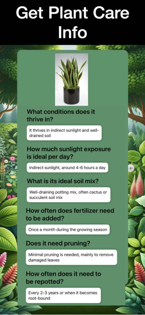 Leafy - AI Plant Identifier - A mobile app screen showing detailed plant care information for a snake plant including sunlight and soil requirements