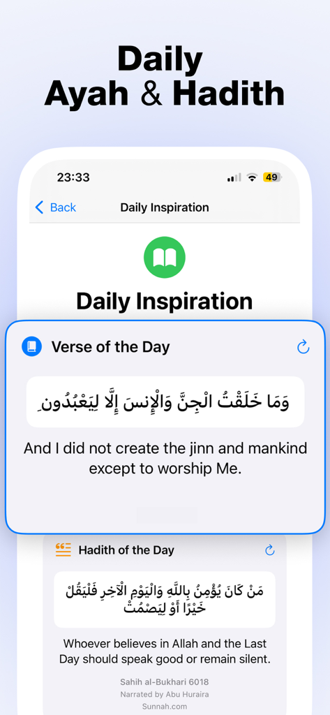 Daily Ayah and Hadith screen in the SalahScreen app