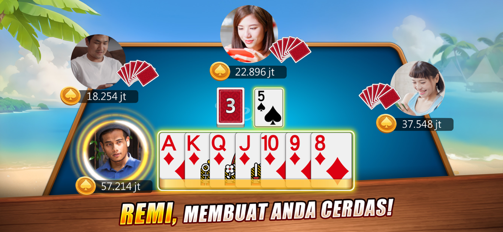 Luxy Domino Gaple QiuQiu Poker - A multiplayer Remi card game session in the Luxy Domino app featuring players at a tropical themed table