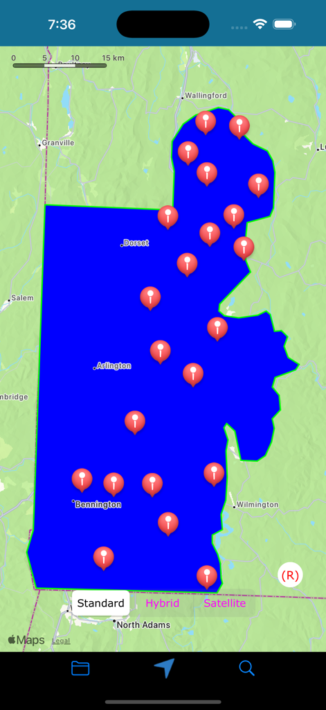 KML & KMZ Files Viewer - Map view in KML KMZ Viewer showing a blue area overlay and multiple location pins