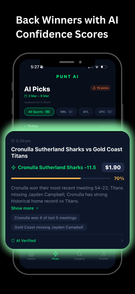 PuntAI: Aussie Sport Analytics - PuntAI app interface showing AI confidence scores and detailed reasoning for sports betting picks.