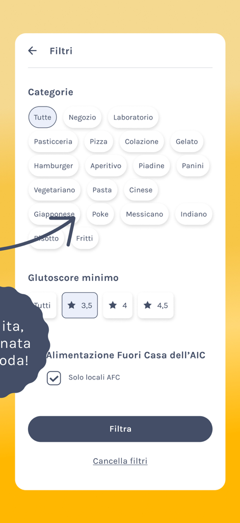 Gluto © Locali senza glutine - Benutzeroberfläche der Gluto-App mit Suchfiltern für glutenfreie Restaurants nach Küchenart und Bewertung