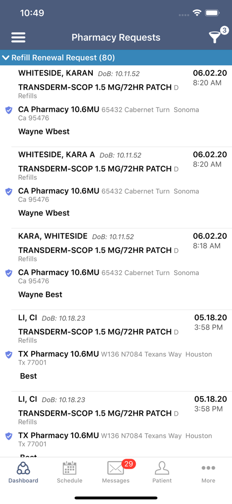 AdvancedMD Mobile - AdvancedMD Mobile app interface showing pharmacy refill renewal requests for patients