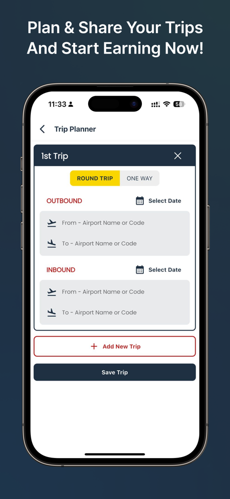 Shpper - Shpper mobile app screen showing the trip planner where travelers input flight details to start earning.
