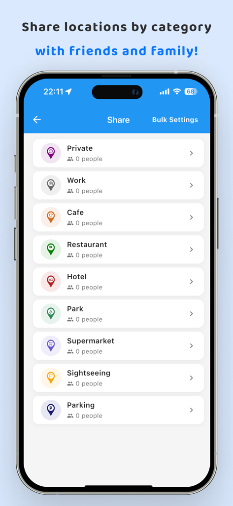Uma captura de tela do aplicativo MyMap mostrando categorias como trabalho café e restaurante para compartilhar com amigos