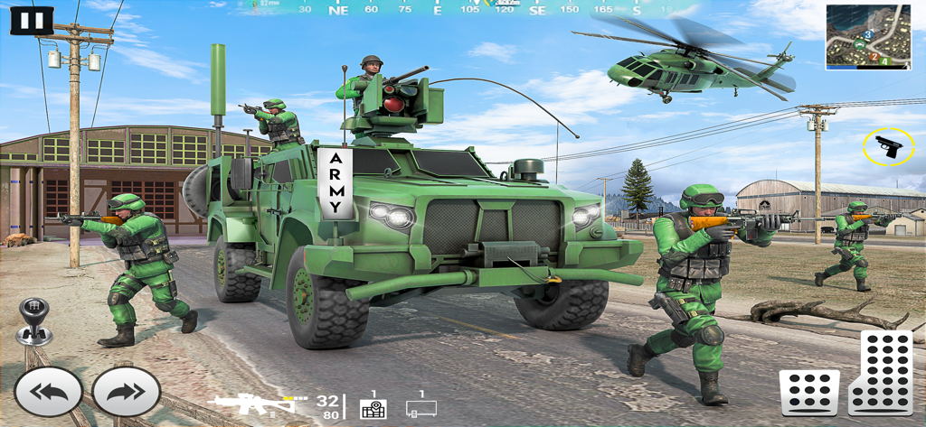 Military Vehicle Transport Sim - Soldiers in green camouflage guarding a large armored army truck with a military helicopter flying overhead in a simulation game.