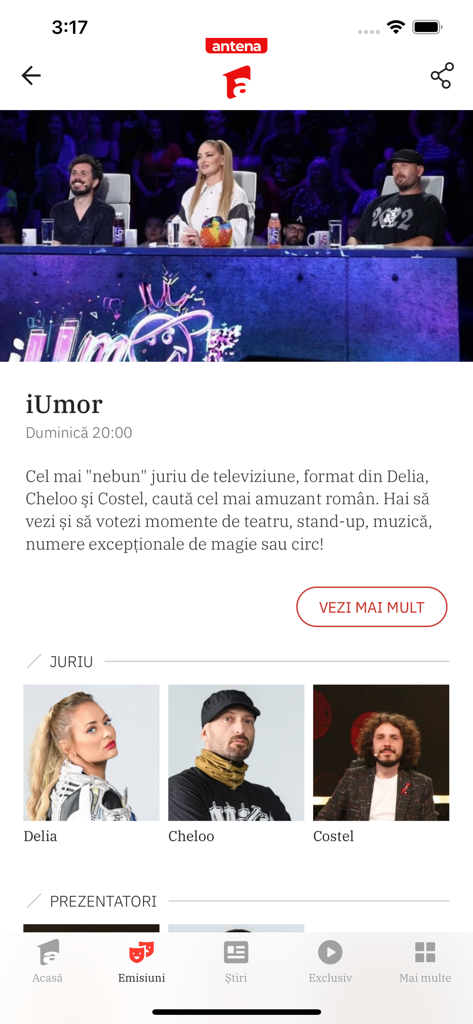 Antena 1 - Interfaccia dell'app Antena 1 che mostra la pagina del programma iUmor con i membri della giuria Delia Cheloo e Costel