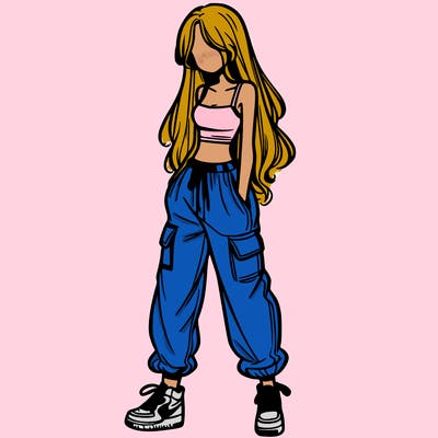 girl in baggy pants crop top and long hair