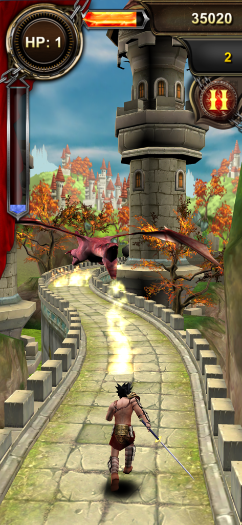 Endless Run Magic Stone - A male warrior with a sword running on a castle wall toward a flying dragon in a fantasy landscape