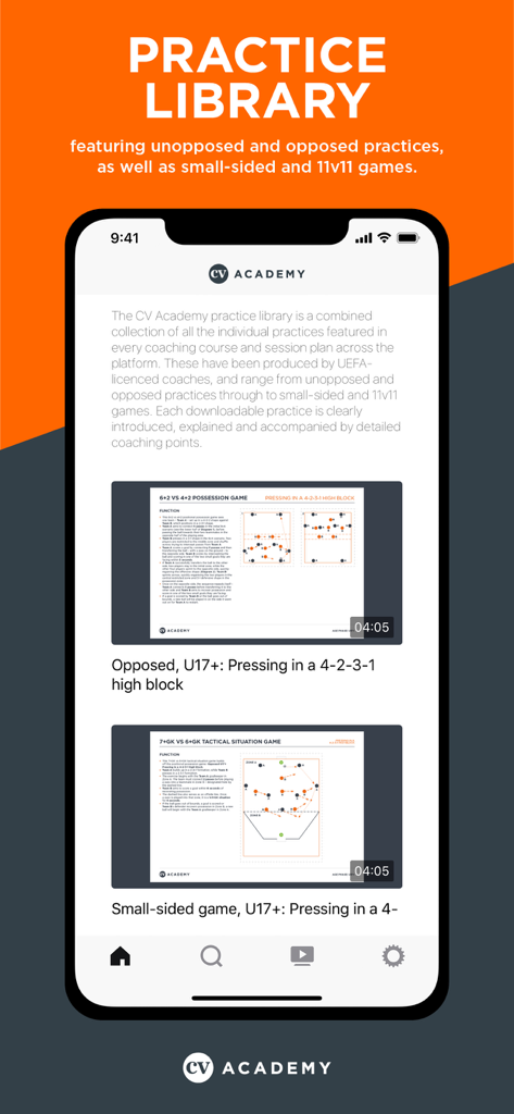 A mobile screen showing the CV Academy practice library with detailed soccer coaching session plans and tactical drills.