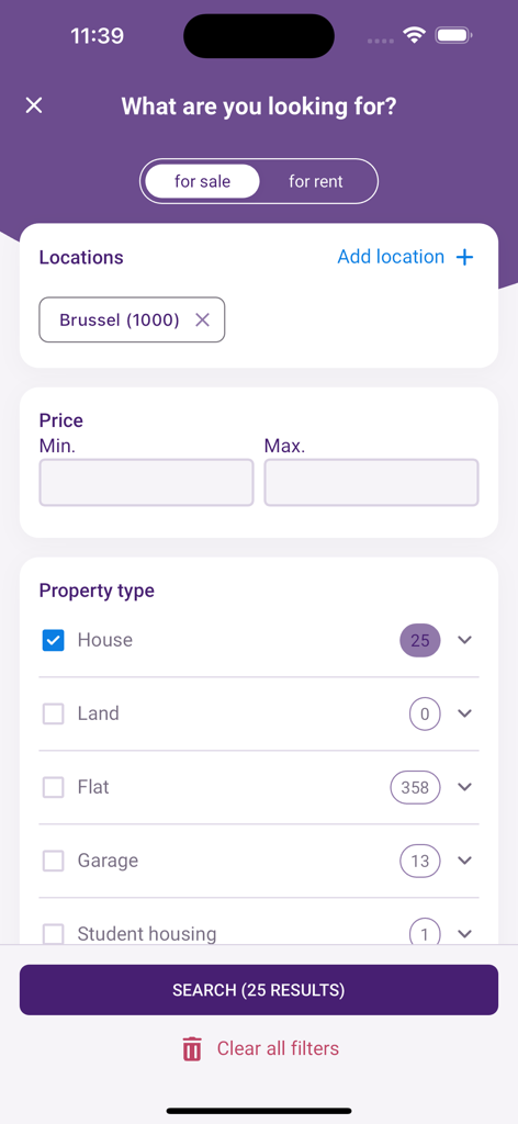 Immovlan - Immovlan app search screen with filters for location, price range, and property type.