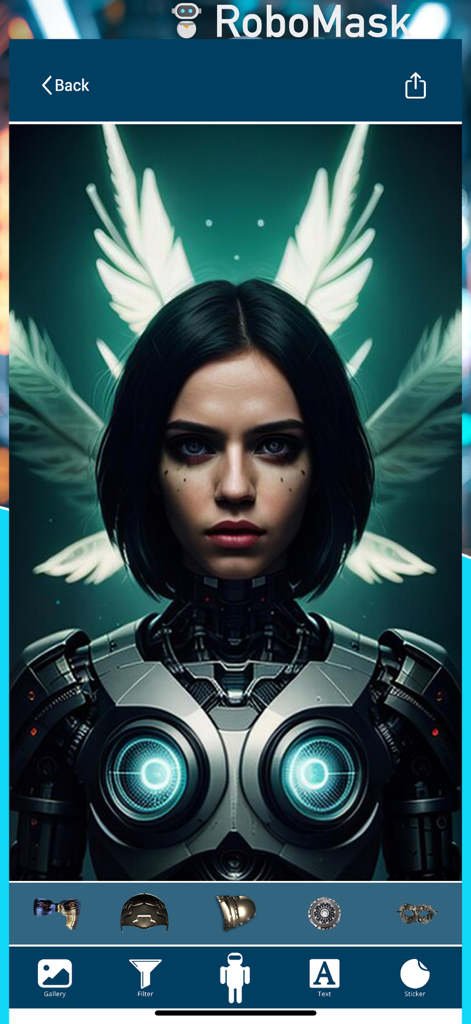 RoboMask : Ai CyberFace Camera - Una mujer transformada en un ángel robótico con alas blancas y un traje metálico usando la aplicación RoboMask
