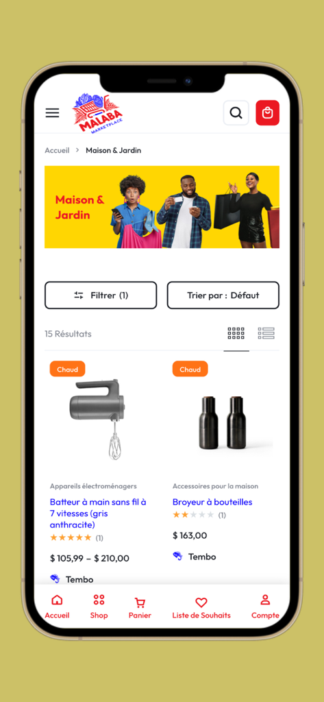 Malaba Marketplace - Malaba Marketplace app interface displaying home and garden product listings like a hand mixer and bottle grinders.