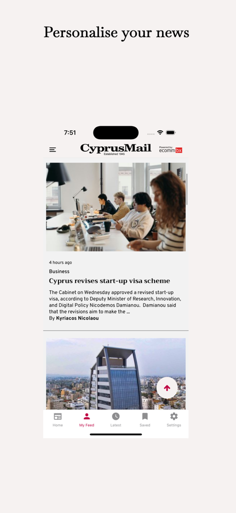 Personalized news feed on the Cyprus Mail app showing business articles