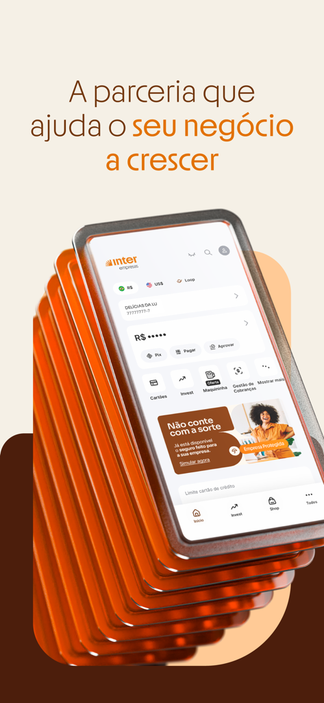 Inter Empresas: Conta PJ - Una pila di smartphone che mostra l'interfaccia dell'app di banking digitale aziendale Inter Empresas per imprenditori.