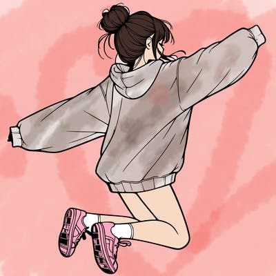 realistic girl jumping with a bun and oversized sweatshirt